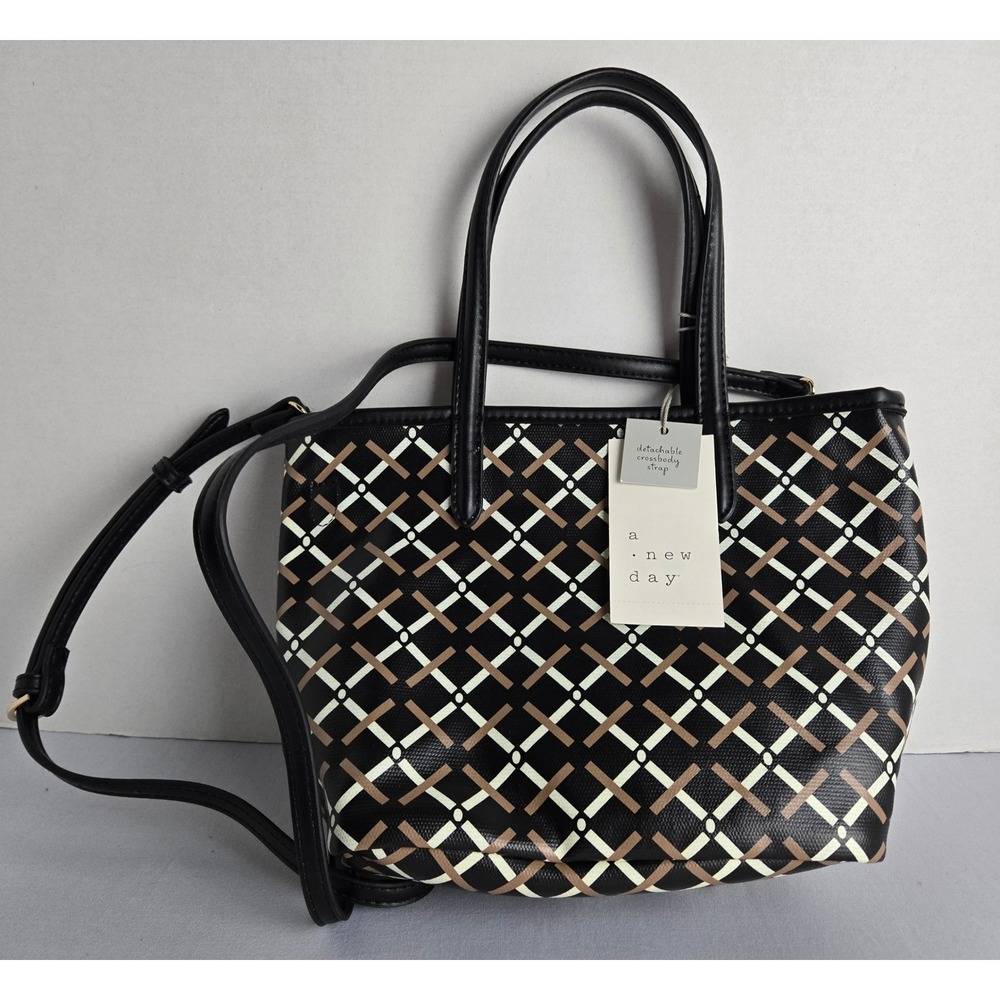 A New Day Black Monogram Mini Tote Bag with Detachable Crossbody Strap NWT